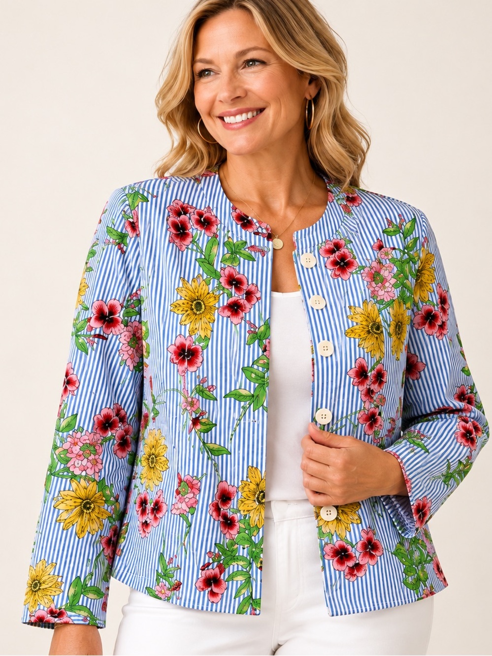 Rafaella Floral Striped Jacket 1X Blue White Lightweight Blazer NWT